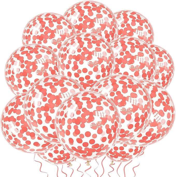 VHUWE Coral Red Confetti Balloons 25 Pcs, 12 Inch Thickened Clear Latex Balloon by VHUWE