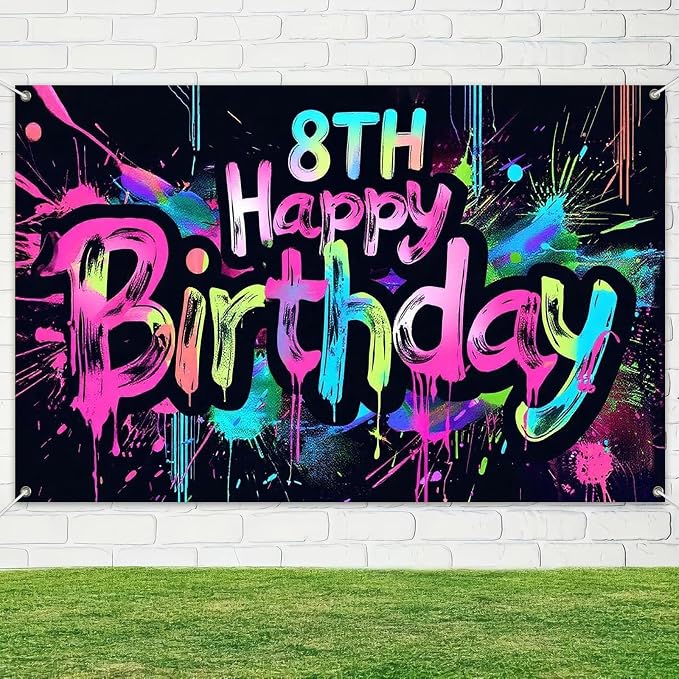 HOMETITUTE Neon 8th Happy Birthday Banner 71x43 Inch Birthday Backdrop | Glow - Image 4
