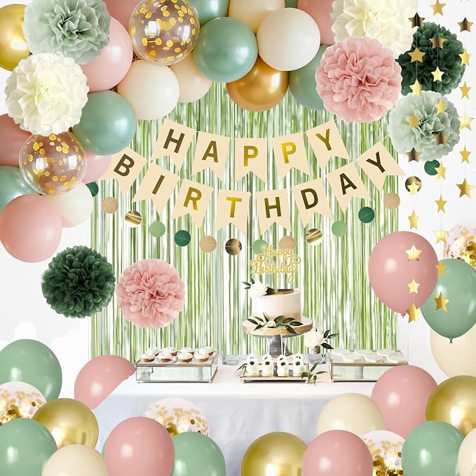 Pink and Sage Green Birthday Party Decorations - Image 6