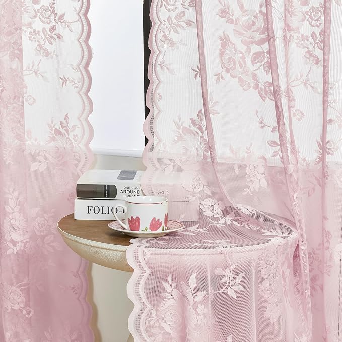 72 Inch Pastel Pink Lace Curtains 2 Panels Rod Pocket Big Flower Embroidery - Image 4