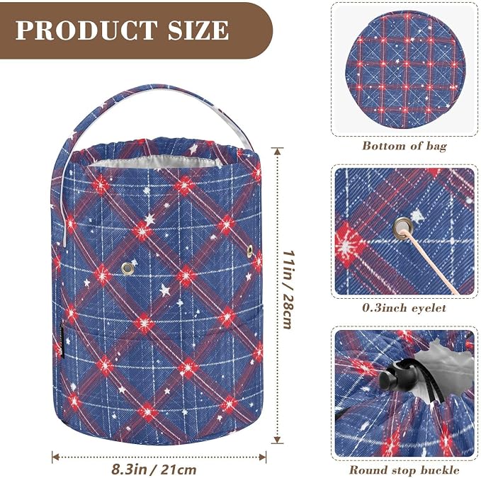 Blue Retro Plaid Stars Yarn Bag Small Crochet Bag Drawstring Yarn Storage - Image 3