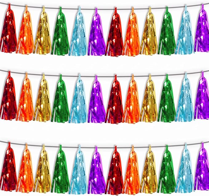 3P Lake Blue Orange-Red-Gold-Silver-Purple Tassel Banner Garland Metallic Foil by FENGNIAN