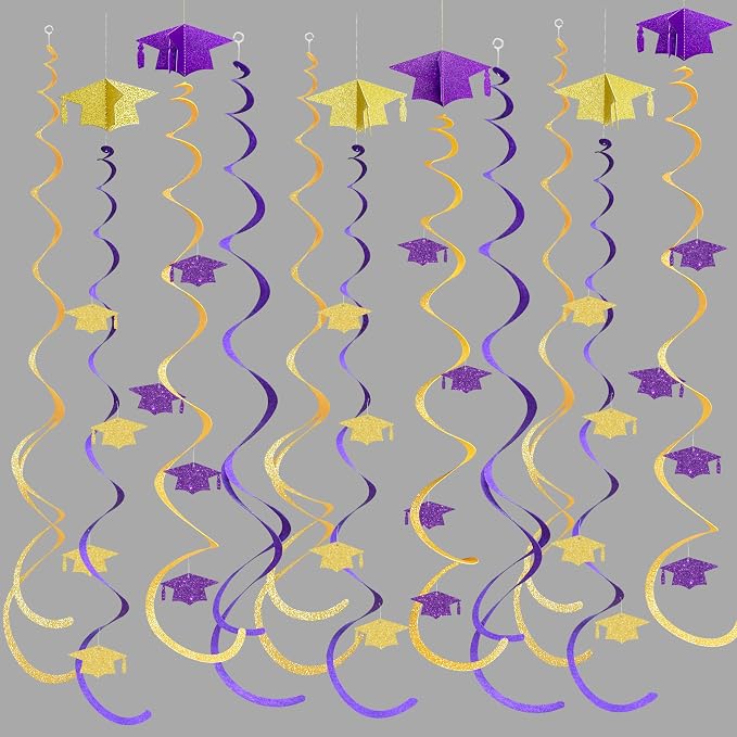 24Pcs Purple Gold Graduation Grad Cap Hanging Felt Swirl Streamer Spiral by pinkblume