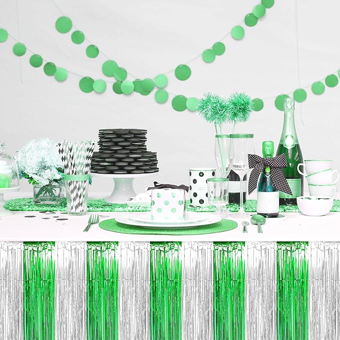 3 Pack 29x108 Inch Silver Green Foil Fringe Table Skirts Metallic Banner for Tinsel Streamer Garland Backdrop for Parade Floats Wedding Thanksgiving Birthday Christmas Halloween Party Decoration