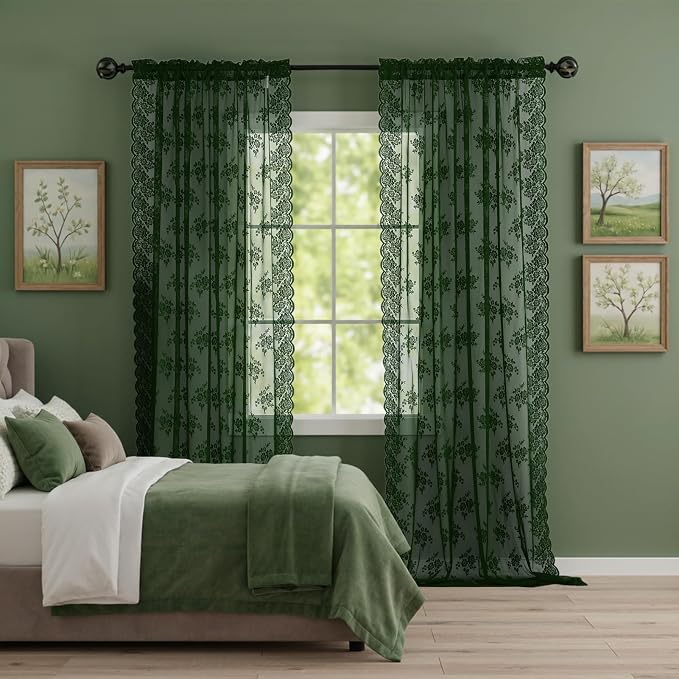 Kotile Hunter Green Sheer Curtains 80 Inches Long 2 Panels Country Rustic by Kotile+Curtains