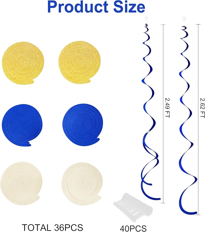 36 Pcs Blue Gold Hanging Swirl Decorations Royal Blue Glitter Gold Beige Felt - Image 2