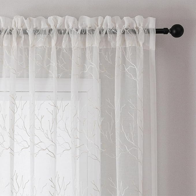 White Sheer Curtains Beige Coral Branch Embroidered 108 Inches | Light - Image 4