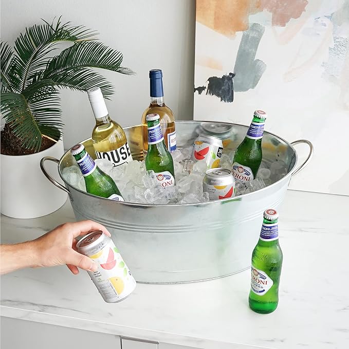True Galvanized Tub, Large Ice Buckets for Parties, Beverage Cooler for Beer, Wine, Soda, Bottled Water, Rustic Beverage Tub, Drink Bucket for Indoor & Outdoor Party, 6.3 Gal (23.8 Liters), Set of 1