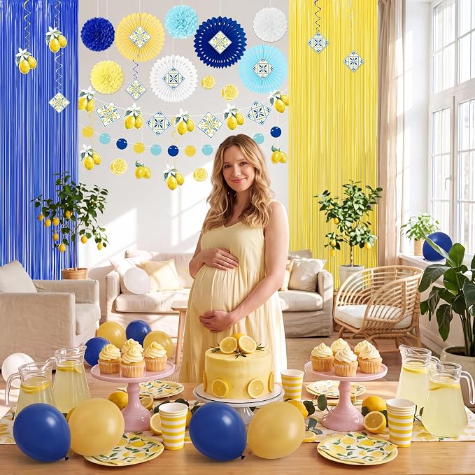 43Pcs Amalfi Coast Party Decorations Lemon Decor Set | Foil Curtains, Paper Fans - Image 2