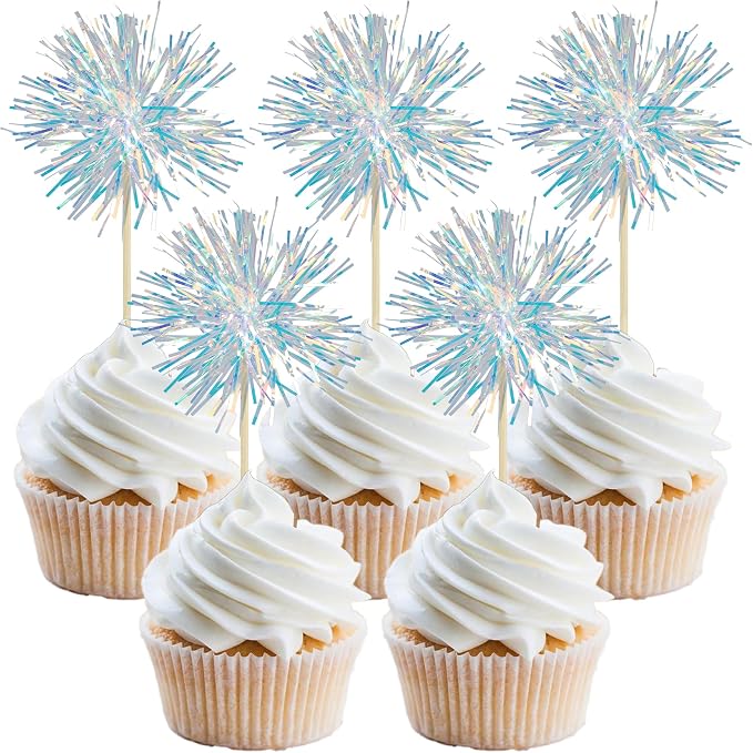 Gyufise 30Pcs Foil Firework Cupcake Toppers Sparkle Tinsel Cake Toppers Tinsel by Gyufise