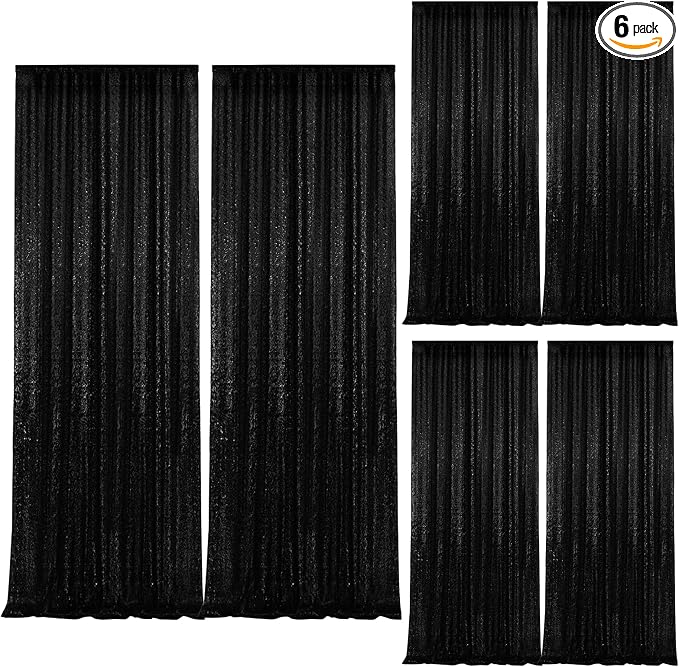 2×8FT-6PCS Black Sequin Backdrop Curtains Panels, Photography Backdrop Glitter by Pufogu