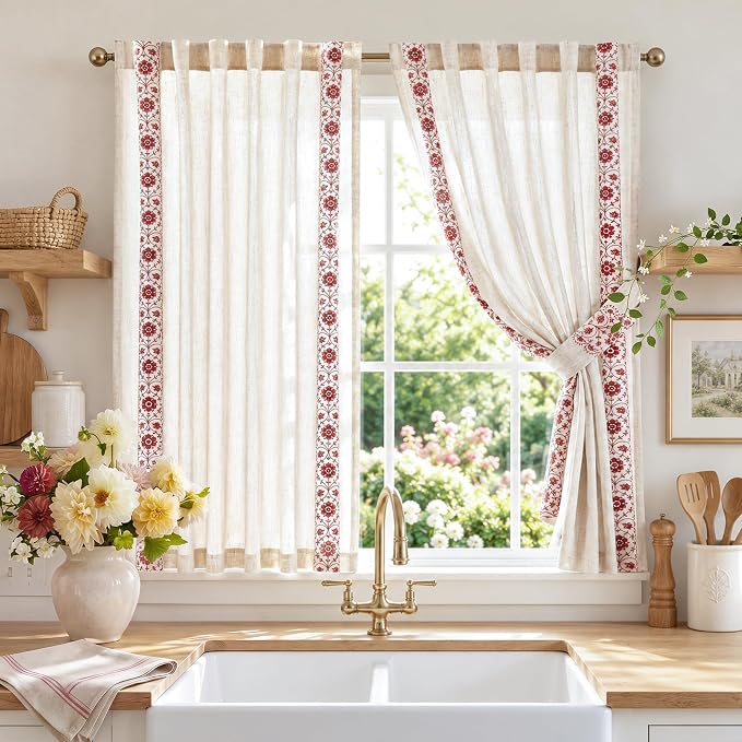 jinchan Red Floral Embroidered Linen Kitchen Curtains 54×45 Inch 2 Panels | by JINCHAN