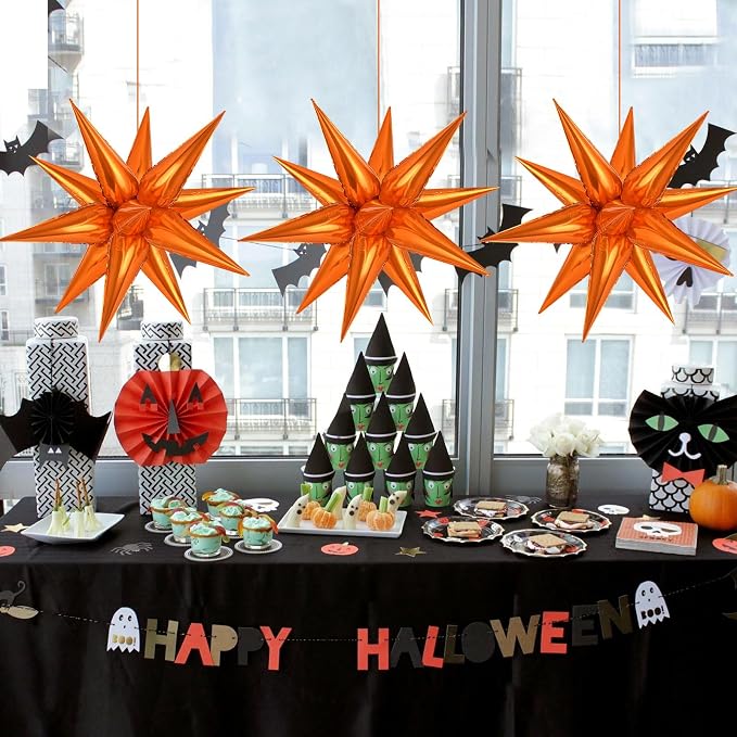 Orange Star Foil Balloons, Metallic Spike Mylar Balloon Fireworks Balloon - Image 4
