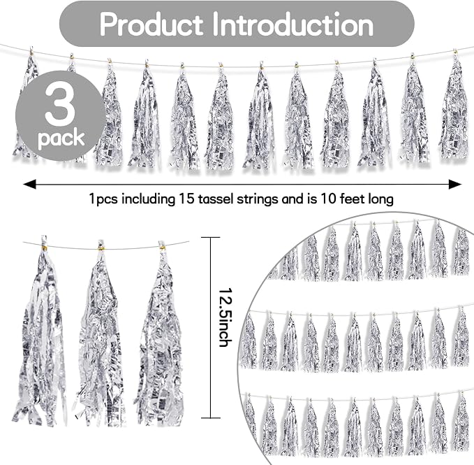 BEISHIDA 3 Packs Silver Metallic Foil Fringe Tassel Garland Pre-Strung Tassels - Image 3