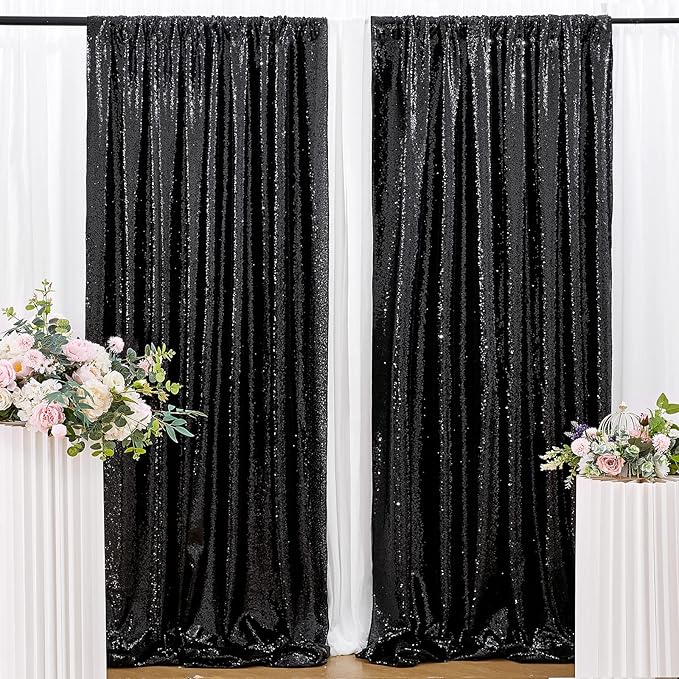 Black Sequin Backdrop Curtains Party Photo Glitter Drapes 2 Pcs 2FTx8FT | by B-COOL