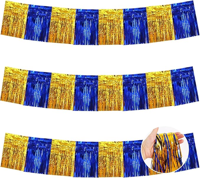 BEISHIDA Blue Gold Fringe Garland Banner 30ft Wall Tinsel Foil Streamers | 3Pack by Beishida