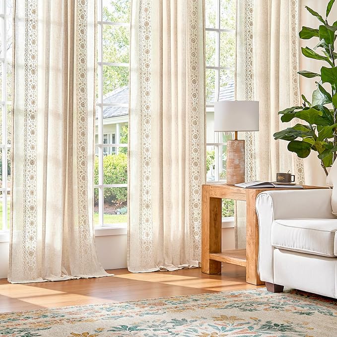 jinchan Floral Linen Curtains Embroidered Back Tab 50x63in 4 Panels Ivory | - Image 3