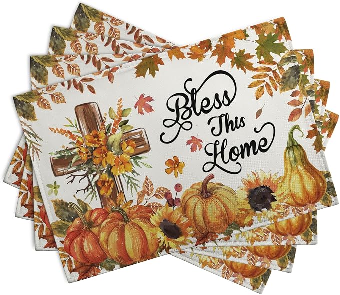Fall Cross Pumpkin Placemats Set of 4 Autumn Thanksgiving Harvest Sunflower - Image 2