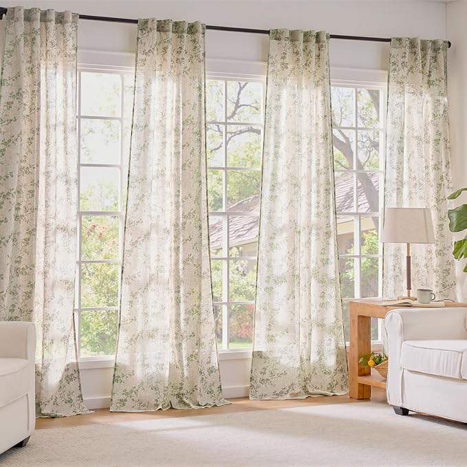 Extra Long Green Vintage Floral Linen Curtains Farmhouse 2 Panels | Elisa - Image 7