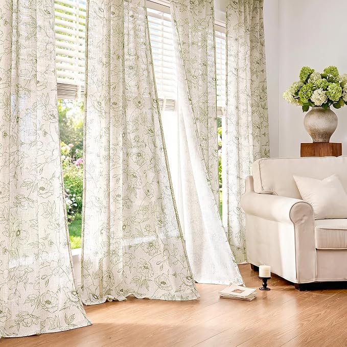 jinchan Floral Linen Curtains for Living Room 96 Inch Length Green Flower - Image 8