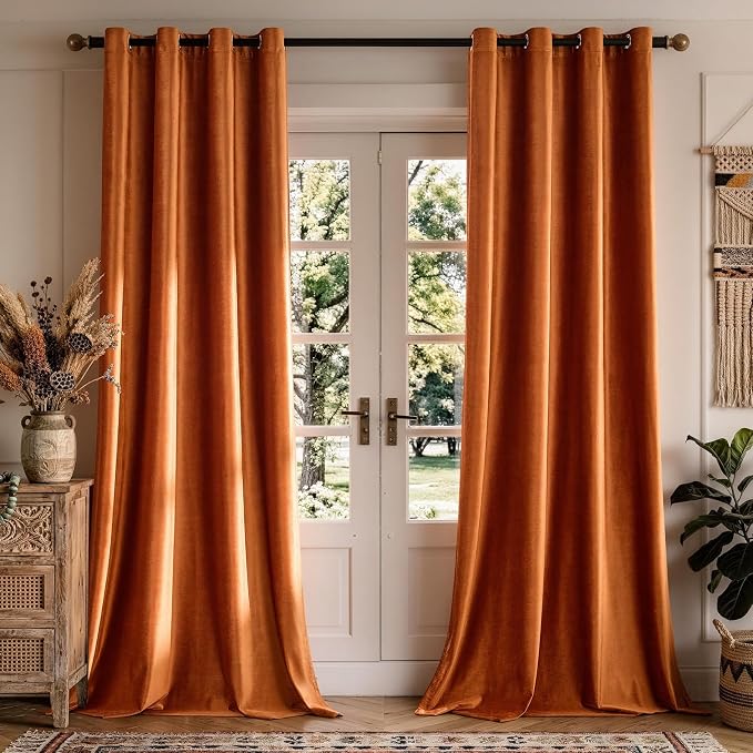 BULBUL Velvet Burnt Orange Blackout Curtains 96 inch Long by ModernShinyVelvetCurtains