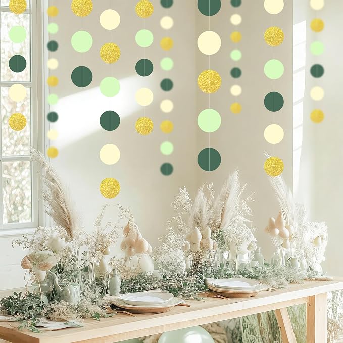 5PCS Sage Green Paper Garland, 72ft Sage Green Gold Circle Ceiling Decorations - Image 3