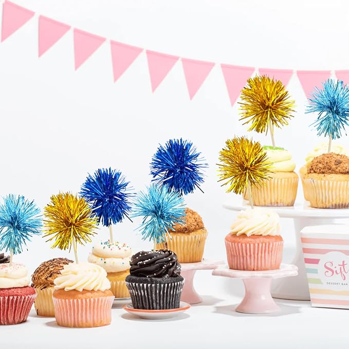 Gyufise 30Pcs Foil Firework Cupcake Toppers Sparkle Tinsel Cake Toppers Tinsel - Image 4