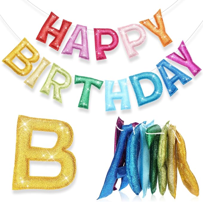 Tegeme Felt Happy Birthday Banner, Pre-strung Glitter Happy Birthday Garland by Tegeme