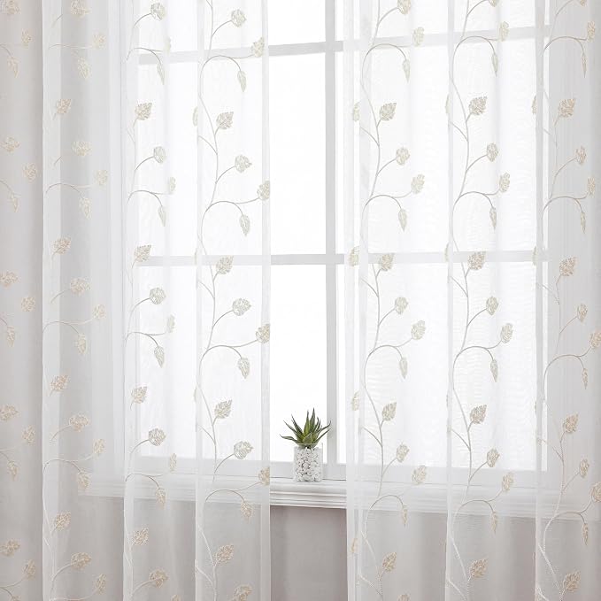 Beige Sheer Curtains Decorative Embroidered Leaf 54 Inches Long | Light - Image 6