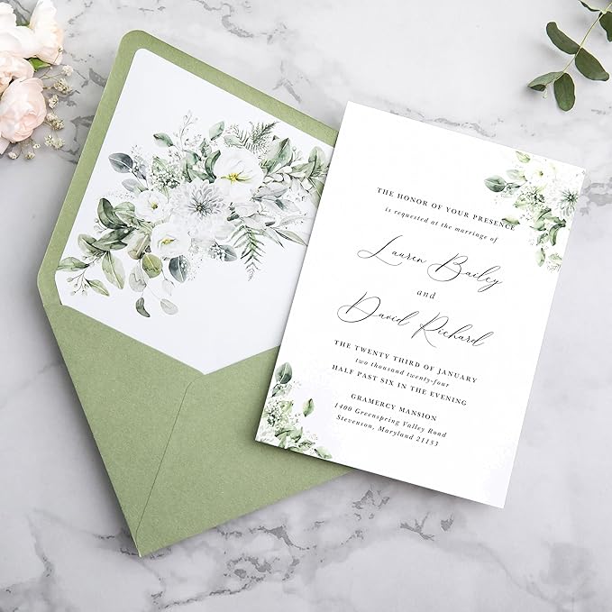 PONATIA 50PCS A7 Euro Flap Envelopes, 5.25 x 7.25'' Sage Green Flowers Liner Envelope for Wedding Invitations, Photos, Postcards, Greeting Cards, Christmas Gift, Acrylic Mailing, 5 x 7 Envelopes