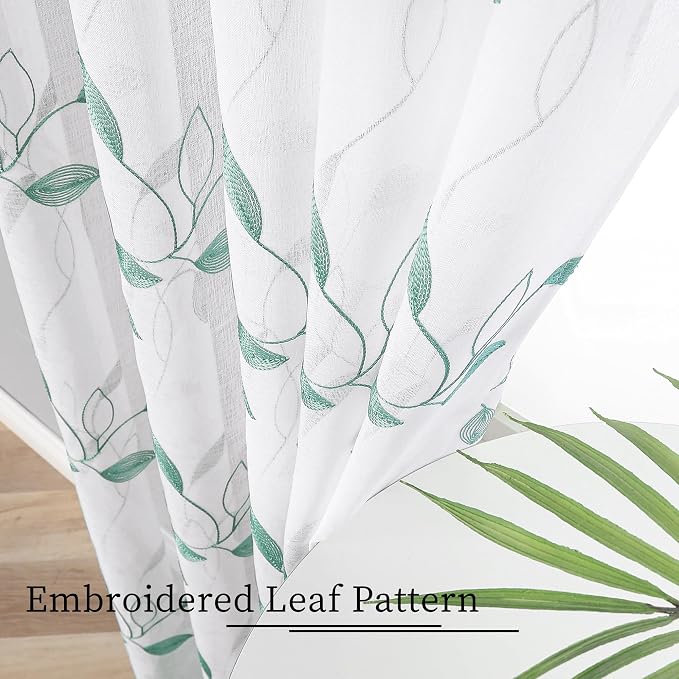Tollpiz Teal Blue Leaf Sheer Curtains Bedroom 54 x 84 Inches | Leaves - Image 3