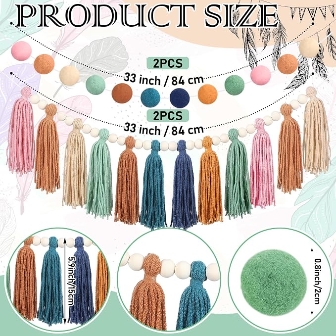 Tenceur Boho Tassel Garland and Pom Pom Banner Set- 4 Pcs Rainbow Wall Decor - Image 3