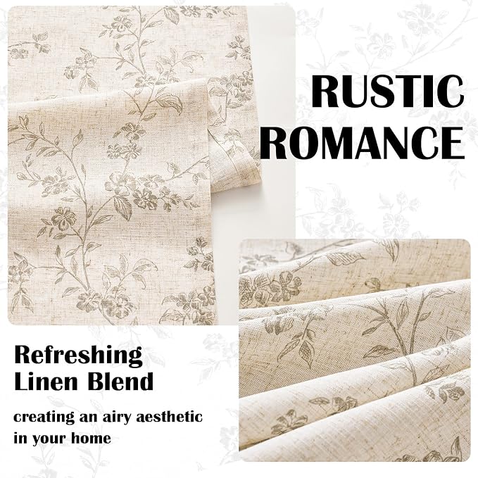 Grey Vintage Floral Linen Curtains Farmhouse 38W X 63L 2 Panels | Elisa Series - Image 3
