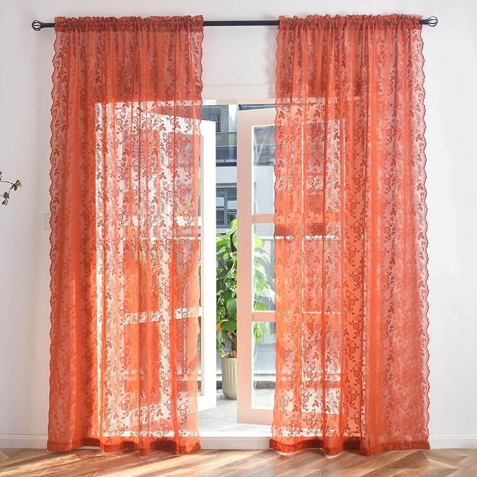 FINECITY Burnt Orange Floral Sheer Curtains - Image 3