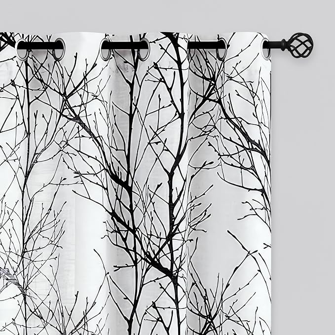 FMFUNCTEX Linen Black White Semi Sheer Print Curtains 72 Inch Long 2 Panels | by Fmfunctex