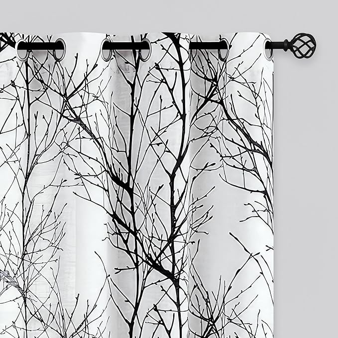 FMFUNCTEX Linen Black White Semi Sheer Print Curtains 54 Inch Long 2 Panels | by Fmfunctex