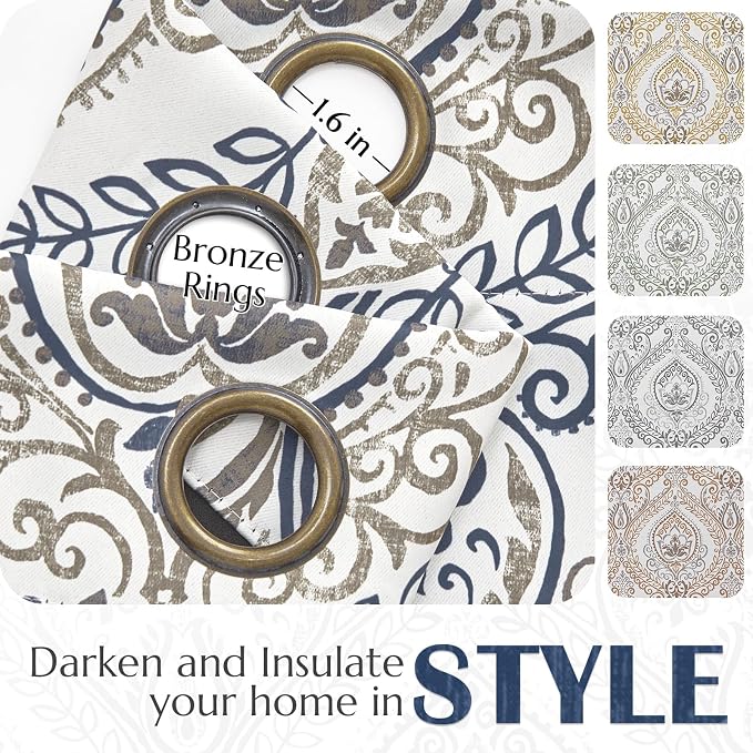 jinchan Blue Blackout Curtains 90 Inch Damask Vintage Grommet 2 Panels | Room - Image 5
