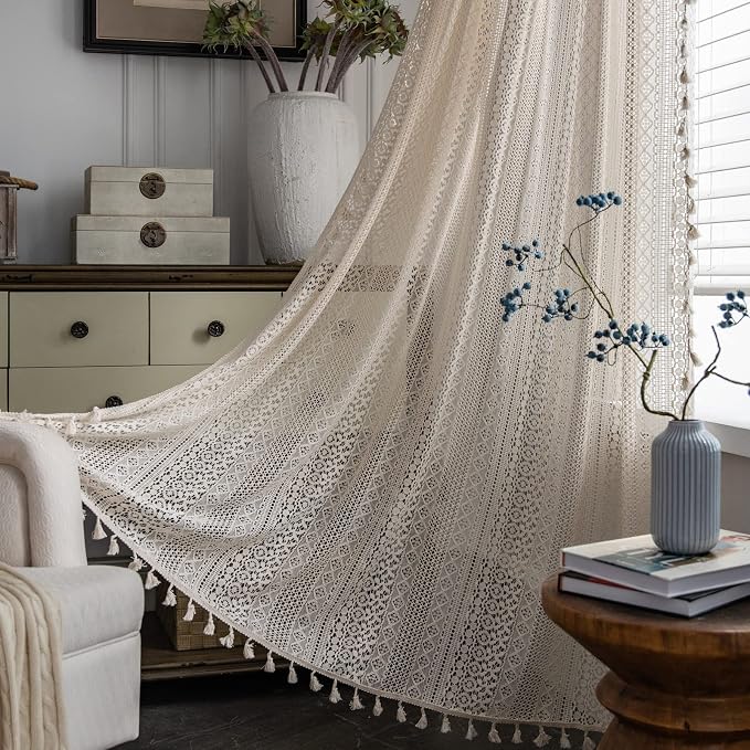 Sutuo Home Boho Curtain Crochet Lace Semi-Sheer Bohemian Hollow Knitted by SutuoHome