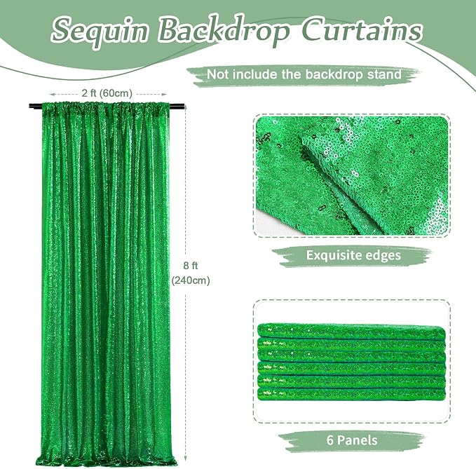 Green Sequin Backdrop Curtains-6 Panels 2FTx8FT Green Backdrop - Image 2