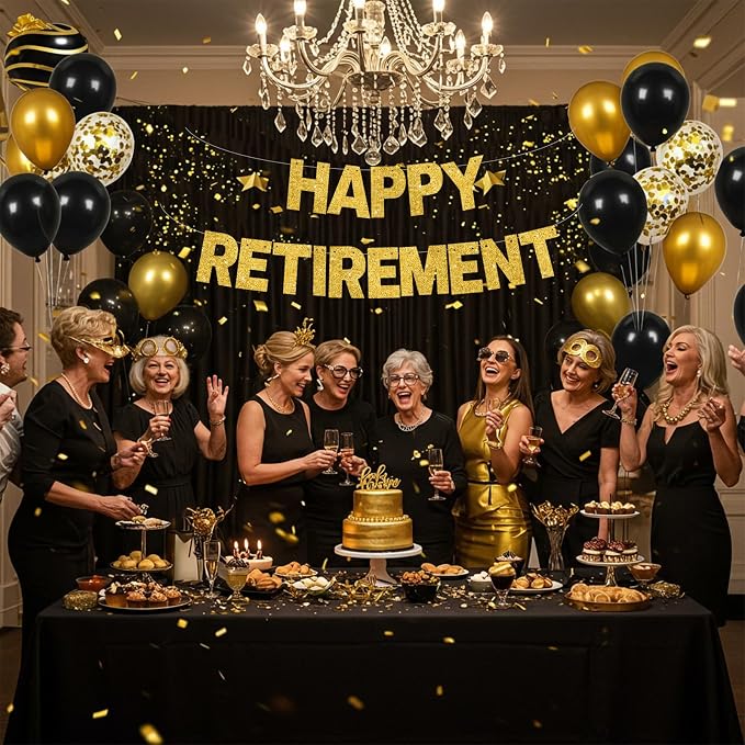 Glitter Gold Happy Retirement Banner Pre-Strung Retirement Party Decorations - Image 4