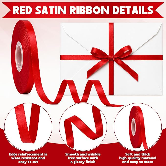 30Yards Thin Red Ribbon 3/8In for Gift Wrapping Wedding Christmas Decor | Silky - Image 3