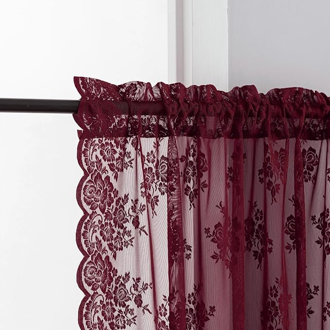 Kotile Burgundy Lace Curtains for Small Windows W42 x L36 Inch, 2 Panels | Rod - Image 3