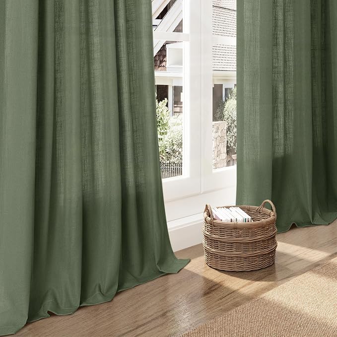 Forest Green Linen Curtains for Living Room 90 Inches Long Light Filtering Semi - Image 4