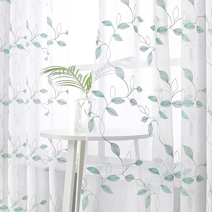Tollpiz Teal Blue Leaf Sheer Curtain Leaves Embroidered Living Room Short - Image 2