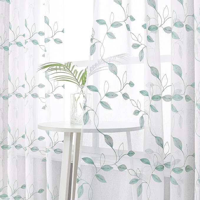 Tollpiz Teal Blue Leaf Sheer Curtains Living Room 54 x 63 Inches | Leaves - Image 2