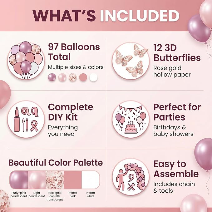 Pink Butterfly Balloon Garland Kit 113pcs, 18in Pink Purple Pearl Confetti - Image 3