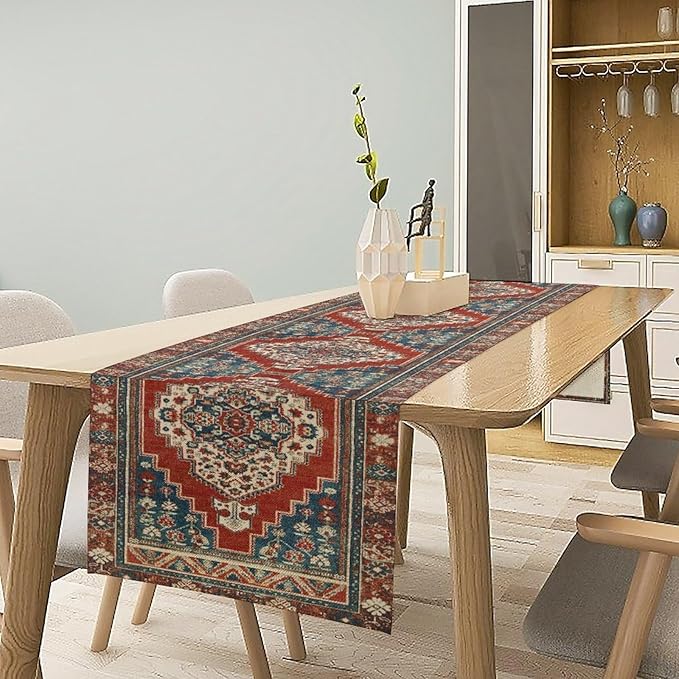 Boho Floral Vintage Table Runner, Red Blue Retro Flower Rustic Country Farmhouse Pattern for Home Kitchen Table Decor Dining Coffee Room Party Decor 13x90in
