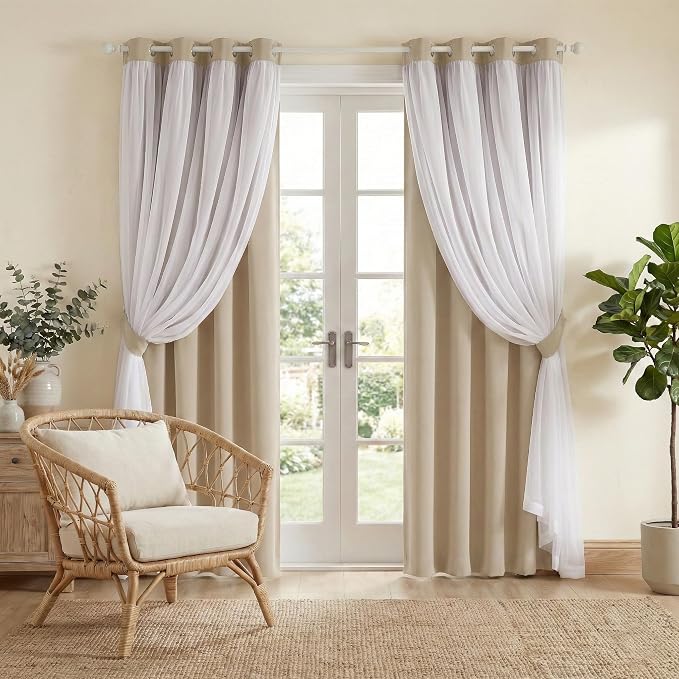 PONY DANCE 2 Layers Curtains Set, Biscotti Beige | Room Darkening Mix & Match by PONYDANCE