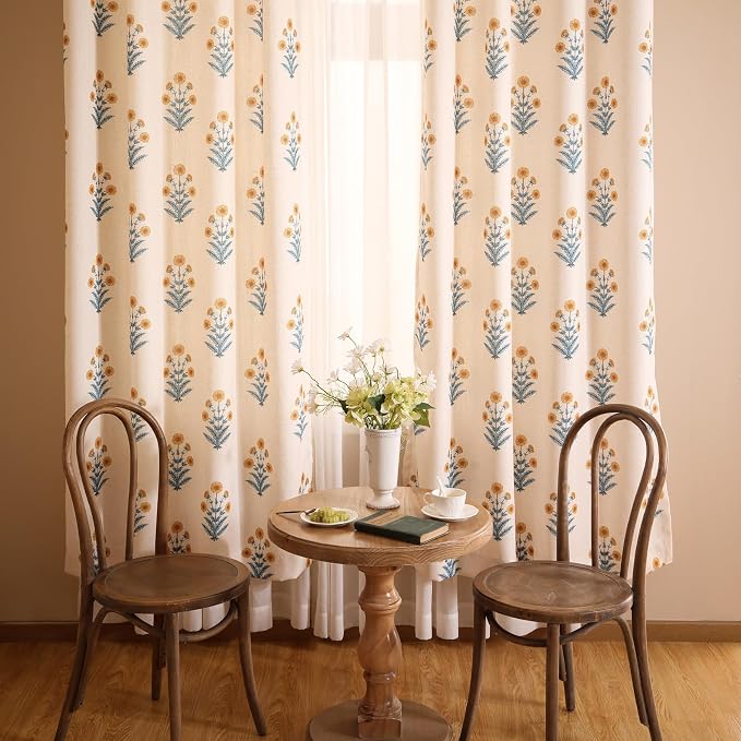 Designer Vintage Linen Printed Curtain, 2 Panels, Pale Yellow Floral Pattern - Image 9