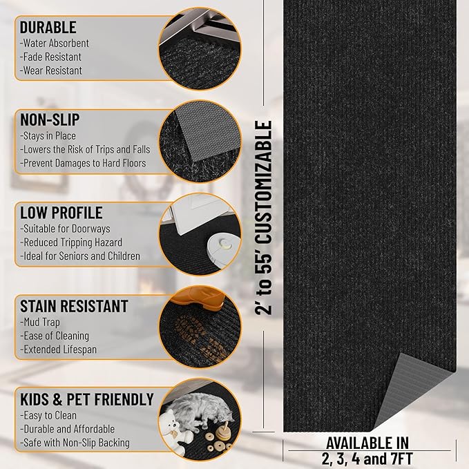 Ottomanson 2' x 12' Hallway Runner with Scraper Pile Extra Durable Non-Slip Rug Mat for Indoor & Outdoor Use - Ideal for Kitchen, Entryway, Patio & Garage - High-Traffic Carpet, Black